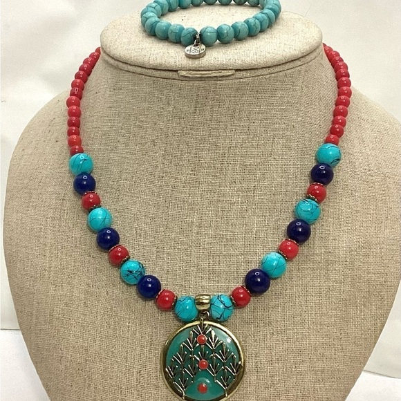 Enamel Pendant Beaded Acrylic Necklace Turquoise & Red - Picture 5 of 6